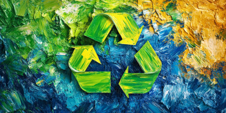A vibrant background with a recycling symbol formed from colorful, abstract brushstrokes in green, blue, and yellow, with a high-gloss finish.の素材