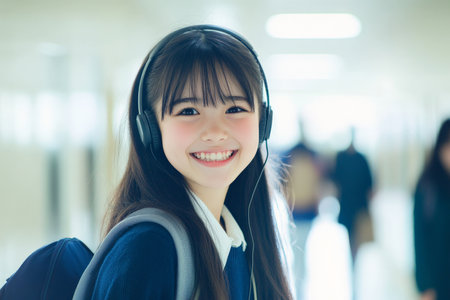 A young Japanese girl, with a backpack over one shoulder, is smiling brightly as she walks through a brightly lit school hallway, listening to music through her headphones. Her hair is neatly styled, and she seems completely relaxed.の素材