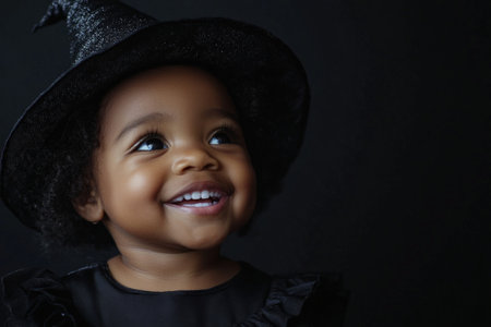 Black toddler in a spooky witch costume, smiling joyfully, isolated on a black background.の素材