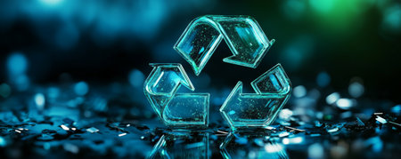 A dynamic background with a futuristic recycling symbol in holographic green and blue, with a sleek, reflective surface that enhances the modern look.の素材