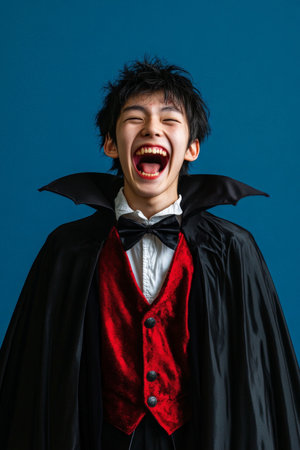 Japanese teenager in a vampire costume with a huge, happy grin, standing isolated on a blue background.の素材