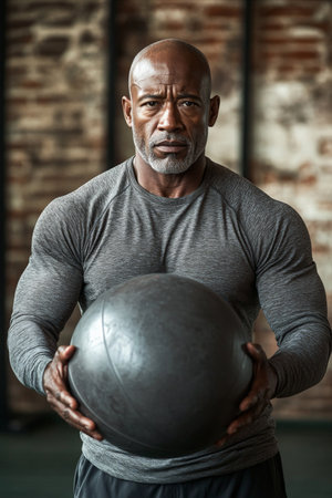 Senior African American man, with a bald head, holding a fitness ball in a gym with exposed brick walls. He is looking at the camera with a serious, intense expression, ready to tackle his workout.の素材