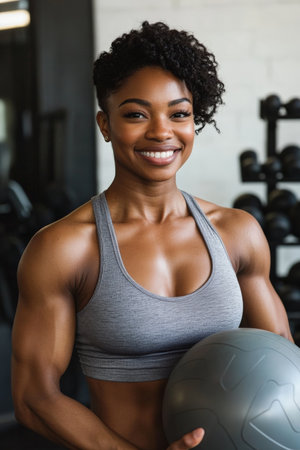 A fit Black woman with short, natural hair, dressed in a sleek athletic outfit, is holding a fitness ball in the gym. She is beaming at the camera, exuding strength and positivity, with a gym mirror and weights behind her.の素材