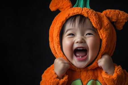 Japanese toddler in a cute pumpkin costume, showing a joyful crazy face, standing on a black background.の素材