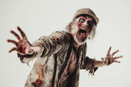 Senior Caucasian man in a zombie costume with a joyful, wild expression, standing on a white background.の素材
