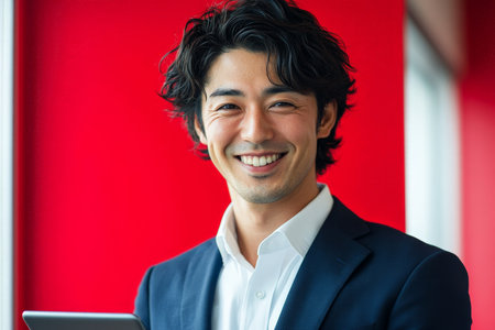 Young Japanese businessman smiling confidently with a touchpad in hand, standing in an office with a red background.の素材