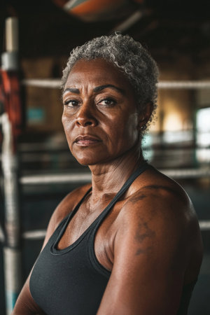 Senior Black female boxer, with a powerful build, standing in front of a boxing ring in a rustic gym. She is taking a water break, her expression reflecting a deep focus and readiness to continue her intense training.の素材