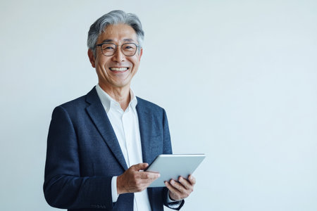 Senior Japanese businessman holding a touchpad, smiling confidently in the office, standing against a white background.の素材