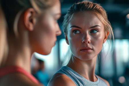 Young adult Caucasian sportswoman, her brow furrowed in concentration, practicing hooks with her female coach in a well-lit, high-tech health club. The coach gives her precise instructions, guiding her every move.の素材