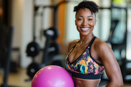 A smiling Black athletic woman with short-cropped hair, wearing a vibrant sports bra and leggings, is holding a fitness ball in the gym. She is looking confidently at the camera, with a bright and modern gym setting in the background.の素材