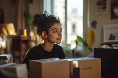 A young Arabian woman and her friend, packing books and decor into boxes in their elegant, well-lit apartment. The atmosphere is calm and reflective as they prepare for their upcoming move.の素材