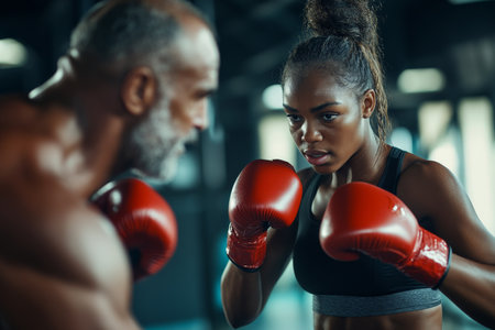 A young adult African American sportswoman, wearing red boxing gloves, intensely focused as she practices jabs with her coach in a modern health club. The coach, a muscular middle-aged man, guides her form with precision.の素材
