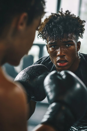 A young African American sportsman, wearing a sweat-soaked t-shirt, practicing intense boxing drills with his coach in a high-tech gym. The coach, a tough-looking woman, provides sharp guidance to improve his technique.の素材