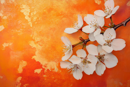 Delicate cherry blossoms against a vibrant sunset orange textured background, with bold brushstrokes enhancing the dynamic contrast between flowers and backdrop.の素材