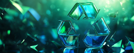 A dynamic background with a futuristic recycling symbol in holographic green and blue, with a sleek, reflective surface that enhances the modern look.の素材