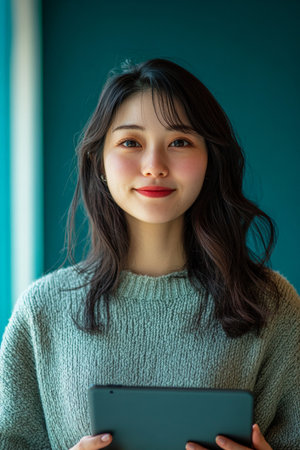 Young Japanese female entrepreneur working on a business presentation in a trendy office, glancing up and smiling at the camera, holding a tablet, with a vibrant blue background.の素材
