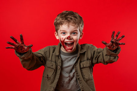 Portrait of a Caucasian school-age boy in a zombie costume, smiling with a crazy expression, standing on a red background.の素材