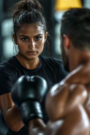 Young Brazilian sportswoman, with determined eyes, practicing boxing combinations with her male coach in a modern gym. The coach, a strong and experienced fighter, provides detailed feedback, ensuring every punch is perfect.の素材