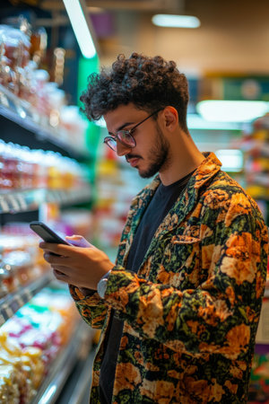 Young Brazilian man holding his phone and checking his shopping list while standing by the dairy section, casual and relaxed, surrounded by colorful supermarket displays.の素材