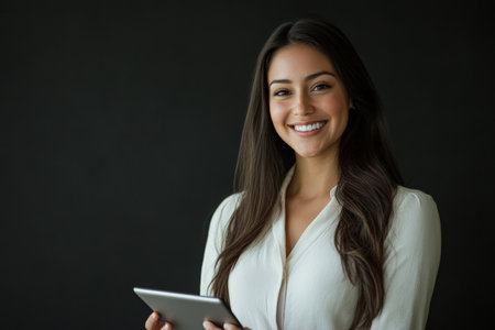 Young Hispanic businesswoman smiling warmly with a touchpad in hand, standing in a modern office, against a black background.の素材