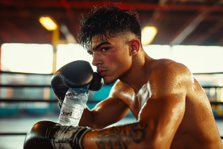Young Hispanic boxer, drenched in sweat, sipping water while sitting on the edge of the boxing ring in a vibrant gym. His gloves rest beside him, as he takes a moment to recharge.の素材