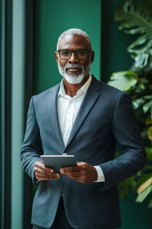 Middle-aged Black businessman holding a touchpad, standing in an office and looking at the camera, with a green background.の素材