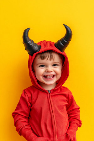 Caucasian toddler dressed as a little devil, showing a happy crazy smile, isolated on a bright yellow background.の素材