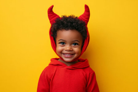 African American preschooler in a devil costume with a big crazy smile, standing on a bright yellow background.の素材