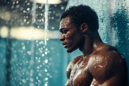 A young adult African American boxer, drenched in sweat, taking a refreshing water break during an intense training session in a high-tech health club. He leans against a wall, catching his breath, with water droplets glistening on his skin.の素材