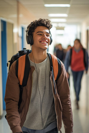 A joyful Brazilian male student, with a backpack on one shoulder, is walking through the school corridor, his headphones on. He is lost in his music, with a calm and happy expression, the hallway filled with movement around him.の素材