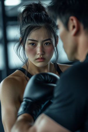 A young Japanese sportswoman, wearing a determined expression, practices boxing drills with her coach in a sleek, minimalistic gym. The coach, an experienced male fighter, adjusts her stance to perfect her form.の素材