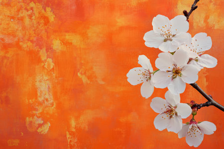 Delicate cherry blossoms against a vibrant sunset orange textured background, with bold brushstrokes enhancing the dynamic contrast between flowers and backdrop.の素材