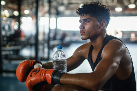 A young Hispanic boxer, breathing heavily, takes a water break in a brightly lit gym. He sits on a bench, water bottle in hand, with his gloves resting beside him, contemplating the next round of training.の素材
