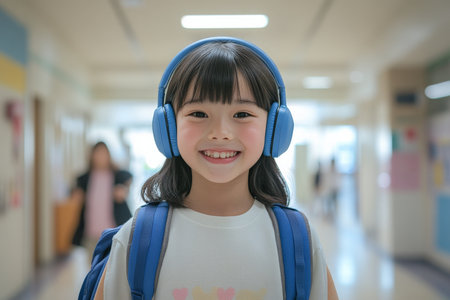 A young Japanese girl, with a backpack over one shoulder, is smiling brightly as she walks through a brightly lit school hallway, listening to music through her headphones. Her hair is neatly styled, and she seems completely relaxed.の素材