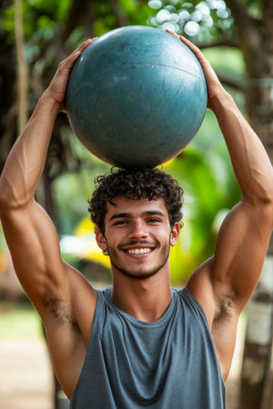 Young adult Brazilian man, holding a fitness ball above his head in an outdoor gym setting. He is smiling at the camera, with a tropical background that adds a vibrant, energetic feel to the image.の素材