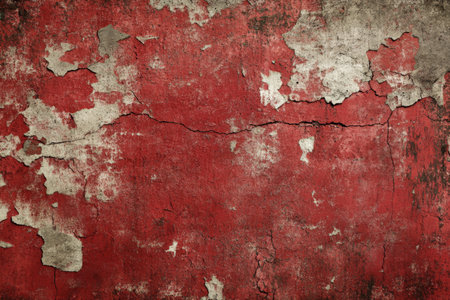 A grunge wall texture in deep red, featuring cracks and chipped paint for a distressed, aged look.の素材