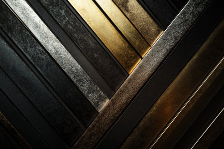 A sleek, modern background with thin, metallic stripes in silver, gold, and bronze against a dark, matte surface. The stripes catch the light, creating a subtle shimmer and adding a touch of sophistication to the design.の素材