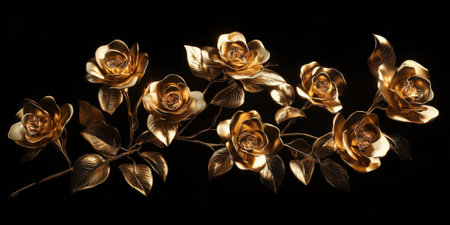 A bouquet of golden metallic roses gracefully arranged on a pitch-black background, with delicate, detailed petals shining in a luxurious and elegant display.の素材