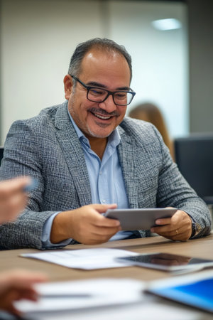 A middle-aged Hispanic businessman, happily using a touchpad, speaks with a coworker during a productive meeting. The background includes a well-designed conference room with a large table and high-tech gadgets.の素材