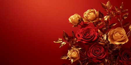 A vibrant red background highlights the metallic gold tones of the roses in this elegant floral arrangement, exuding luxury and opulence.の素材