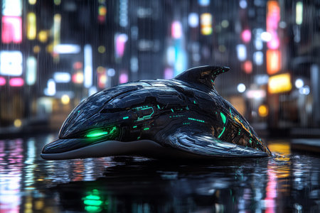 A cybernetic dolphin with glowing green eyes swimming through a rain-drenched futuristic city canal, neon lights reflecting off its metallic skin.の素材