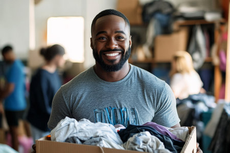 A happy Black man, dressed in a casual volunteer shirt, looks joyfully at the camera while holding a donation box filled with clothes. The setting is a bright and inviting room with other volunteers working in the background.の素材
