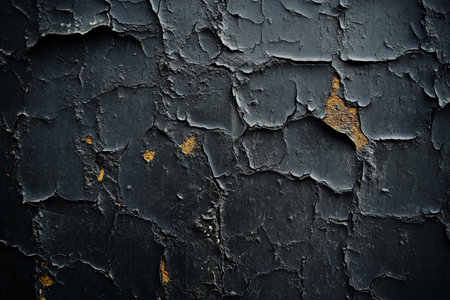 A grunge wall texture in charcoal black, with deep cracks, chipped paint, and heavy rust streaks, showing signs of decay.の素材