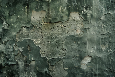 A grunge wall texture in dark olive, featuring a rough, uneven surface, with signs of weathering and wear.の素材