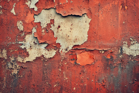 A grunge wall texture in rusty red, with visible corrosion, cracks, and layers of peeling paint.の素材