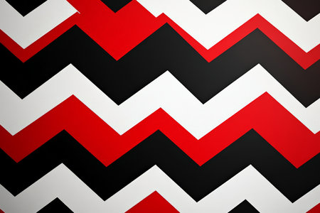 A lively, dynamic background with zigzag stripes in bold, contrasting colors: red, black, and white. The high-contrast design creates a sense of movement and energy, perfect for a bold statement piece.の素材