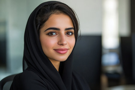 A young Arabian businesswoman, confidently smiling, looks at the camera from her sleek office space. The setting is modern, with high-end office equipment, clean lines, and a bright, inviting atmosphere.の素材