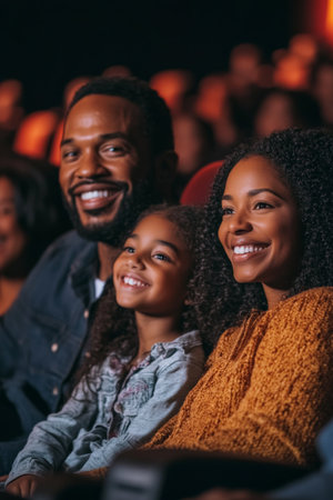 A cheerful Black family, including a father, mother, and daughter, watching a film together in a cinema. The warm glow from the screen illuminates their smiles as they enjoy the movie.の素材