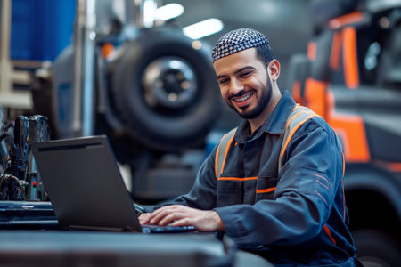 A happy Arabian mechanic, in a work uniform, operates a laptop while working on a truck in a modern repair workshop. The background features various tools, machinery, and a clean, functional workspace.の素材