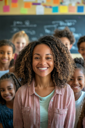 A happy Black teacher, surrounded by a group of smiling students, poses in a vibrant classroom. The setting features learning materials, a chalkboard, and a welcoming, interactive environment.の素材